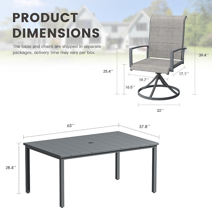 Outdoor Dining Set for 6, 63" Outdoor Dining Table with Umbrella Hole and Padded Textilene Patio Swivel Chairs, 7 Pieces Patio Table and Chairs Set for Garden Backyard, Grey and Dark Grey