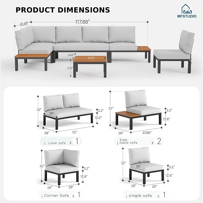 MFSTUDIO 6 Pieces Patio Furniture Set, Metal Outdoor Sectional Sofa Modular Outdoor Couch, Modern Patio Conversation Set with Coffee Table for Backyard, Garden