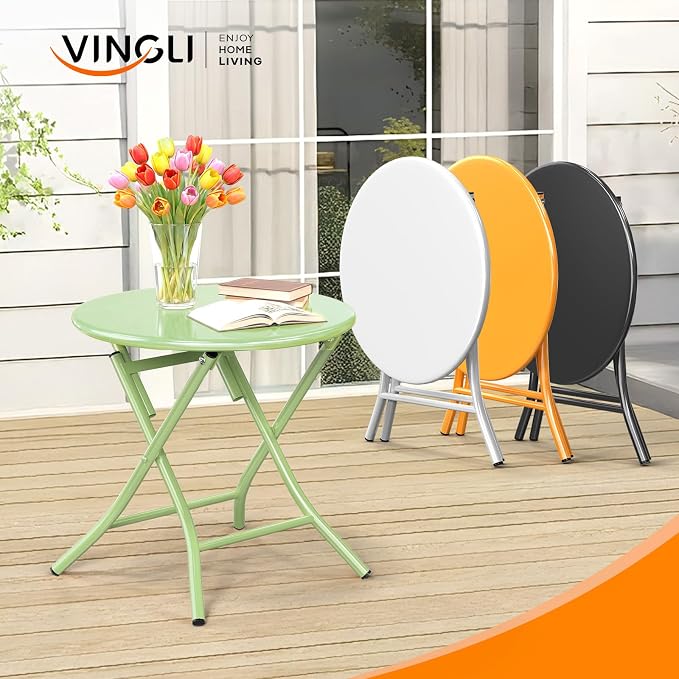 VINGLI Patio Metal Folding Side Table, Portable Small Outdoor Folding Round Table, Perfect for Indoor and Outdoor Spaces Like Balconies, Backyards, Porches, and Patios.Green(1 Pack)