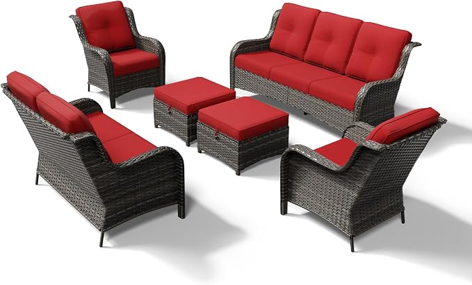 Joyside 6 Piece Wicker Patio Furniture Set, Rattan Patio Chairs with High Back, Deep Seating, Wide Armrest, Thickened Cushions, Outdoor Furniture for Deck, Porch Use