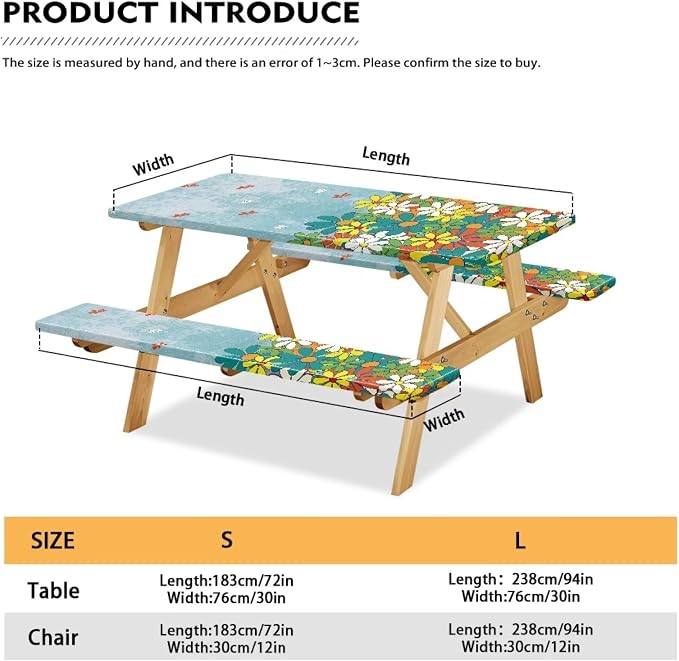 Daisy Picnic Table Cover with Bench Covers Reusable Rectangle Table Cover Outdoor Patio Camping Essentials 72 inch 3PCS Camping Fitted Tablecloth Ideal for Patio Party