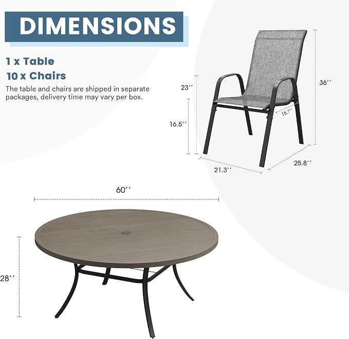 DIFY 11 Piece Outdoor Dining Set, 60" Grey Wood-Like Round Metal Patio Table and Grey Textilene Stackable Chairs for 10, All Weather Patio Furniture Set with Umbrella Hole for Backyard Garden Deck
