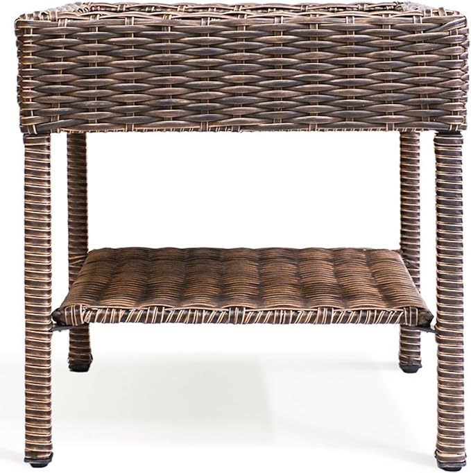Cambridge Outdoor Wicker Side Table, 2-Tier All-Weather HDPE Rattan Patio End Table with HIPS Tabletop and Storage Shelf for Garden Porch Deck, Brown