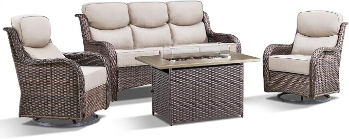 Luxury Patio Furniture Set with Fire Pit Table-4 Pieces High Back Wicker Swivel Rocker Chairs with 6" Extra Thick Cushions, Outdoor Patio Conversation Sets for Porch Deck Backyard(Brown/Beige)