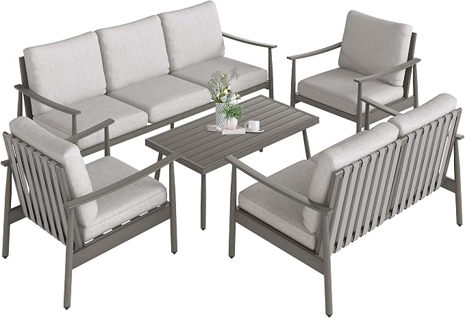 HAPPATIO Outdoor Furniture Set - 5 Piece Aluminum Patio Conversation Set with 1 Coffee Table, 2 Armchairs, Loveseat and 3-Seat Sofa, Aluminum Patio Furniture Set for Backyard Deck Poolside (Grey)