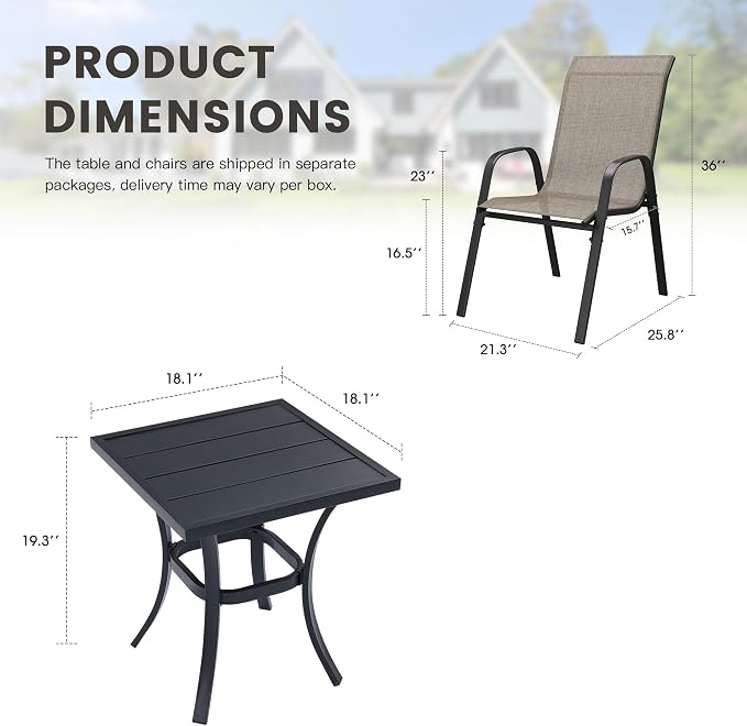 3 Pieces Small Outdoor Dining Set, 18.1" Square Outdoor Side Table & Stackable Patio Dining Chairs, Patio Table and Chairs Set for Deck Garden Porch, Brown Chairs & Black Table