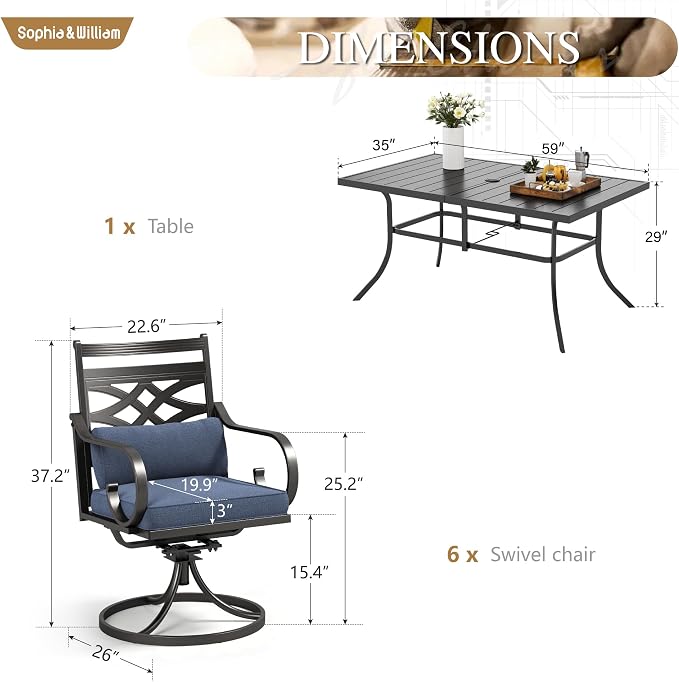 Sophia & William Patio Dining Set, Steel, Blue | Umbrella Hole, Swivel Chairs, E-Coated, Cushions Included, For Patio, Garden and Yard