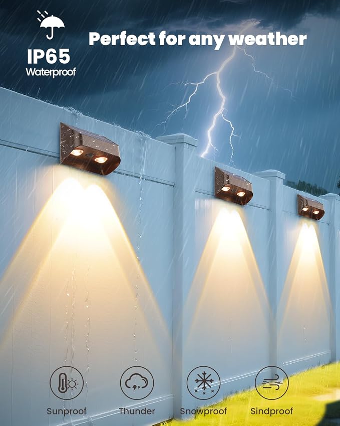 Brighter Solar Fence Lights-3000/4000/6000K 3 Mode,Solar Lights Outdoor Waterproof,Dusk to Dawn Deck Light, Outdoor Lighting for Backyard/Railing/Wall/Step/Patio(8 Pack,Brown)