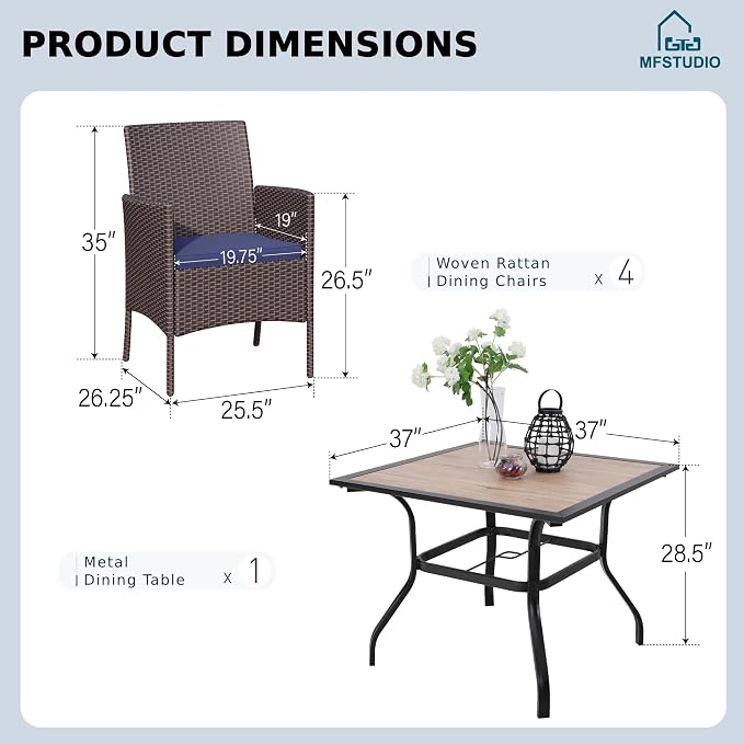 MFSTUDIO Patio Dining Sets for 4, Outdoor Square Wood-Like Table with Wicker Chairs Set, 5 Pieces Rattan Outdoor Dining Furniture Set, Patio Table and Chairs for 4, Backyard, Porch