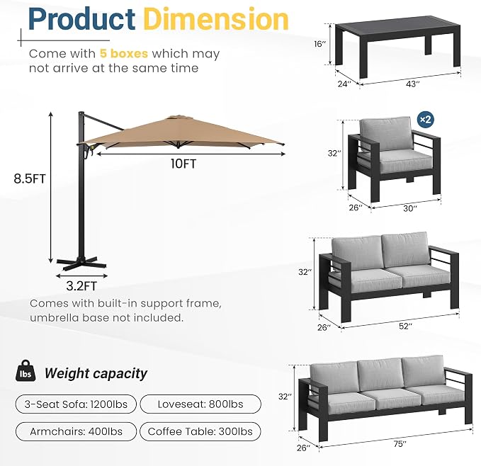Wisteria Lane 6 Pieces Aluminum Patio Furniture Set with Umbrella, All Weather Oversized Outdoor Furniture Set with Deep Seat and Back Cushion, Patio Conversation Sets Wide armrest, Light Gray & Kahki