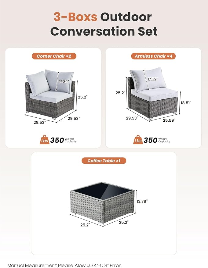 ovios Outdoor 7 Piece Coversation Set with Coffee Table,Sectional Patio Furniture Set with All-Weather Wicker Sofa,Modern Outside Couch for Balcony Backyard Pool, Grey