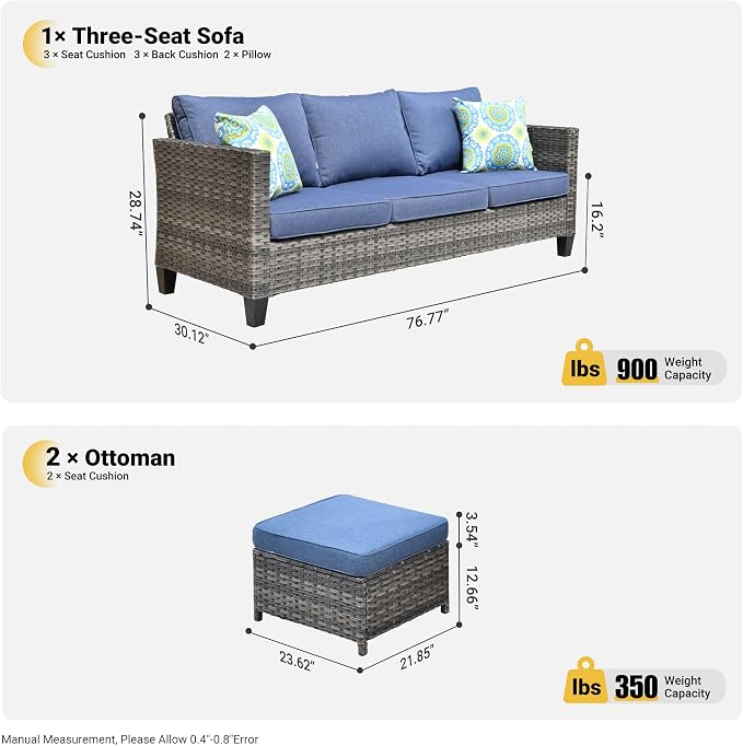ovios 3 Pieces Patio Furniture Set Outdoor Sofa with Ottomans, Wicker Rattan Couch with Footrests Comfy Cushions, All Weather Sofas Couches for Porch Backyard Garden, Denim Blue