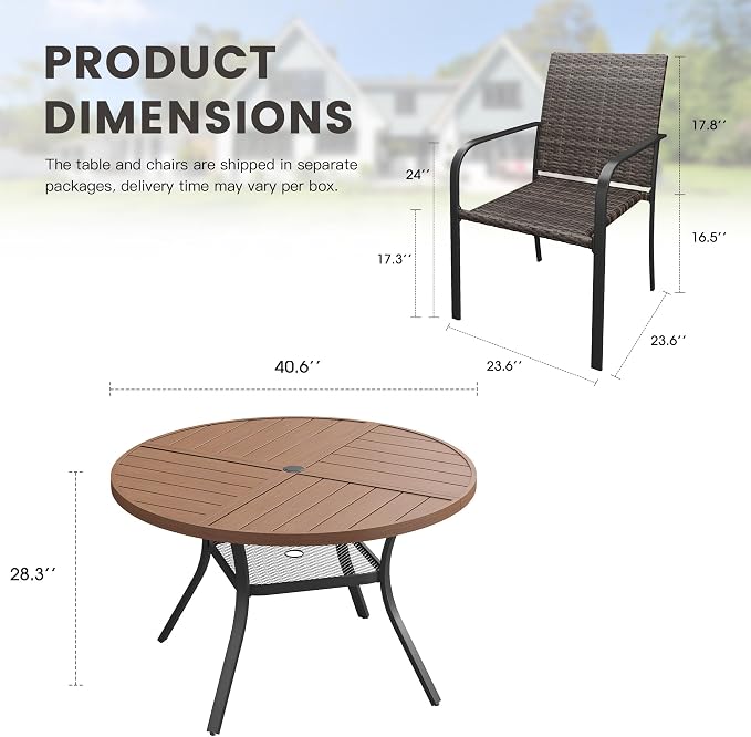 Outdoor Dining Set for 4, 40.7" Metal Round Outdoor Dining Table with Umbrella Hole and Wicker Stackable Patio Chairs, 5 Pieces Patio Table and Chairs Set for Garden Backyard, Walnut