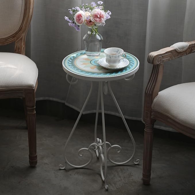 Vintage Outdoor Side Table Round Mosaic Ceramic Tile Top 14" Diameter Metal Plant Stand for Flower Pots Vase Garden Home Porch Pool Indoor Decor Weather Resistant Outside Patio Accent End Furniture