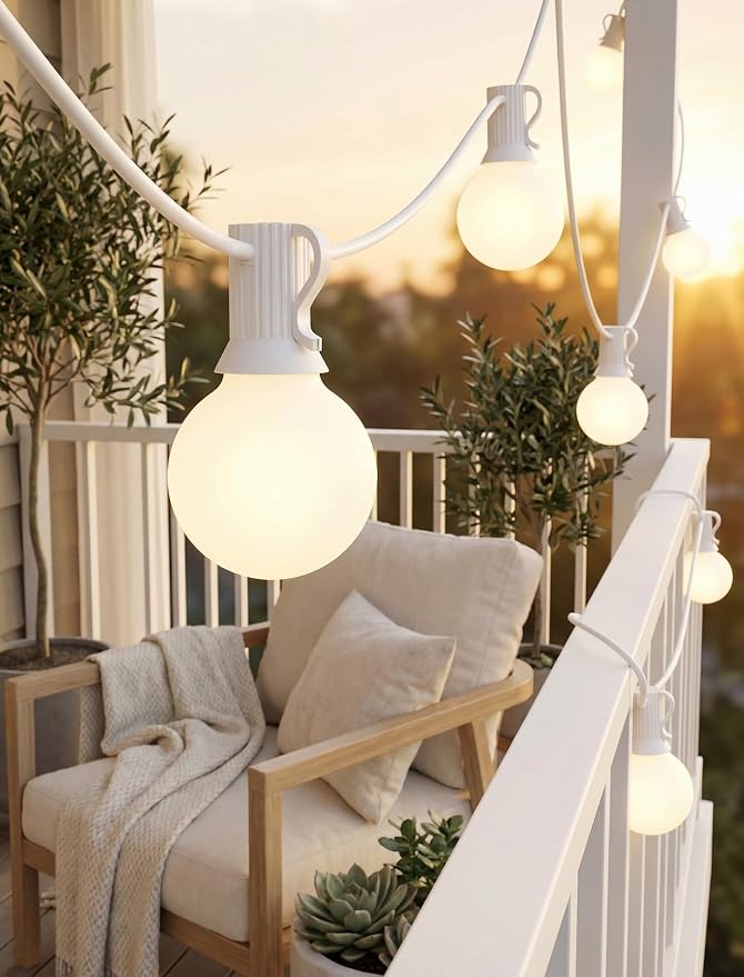 25FT Outdoor Frosted String Lights, 25 G40 Bulbs, White Wire | 5W Glass Incandescent Bulbs, IP44 Weatherproof, E12 Bases, 2 Spares, End-To-End Connectable, for Weddings and Parties