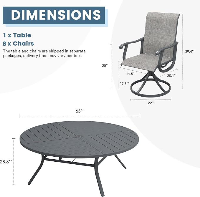 DIFY Patio Table and Chairs Set for 8, 9 Piece Outdoor Dining Set Includes 63" Round Metal Dining Table with Umbrella Hole and 8 Textilene Swivel Patio Chairs, for Garden Backyard Deck, Grey