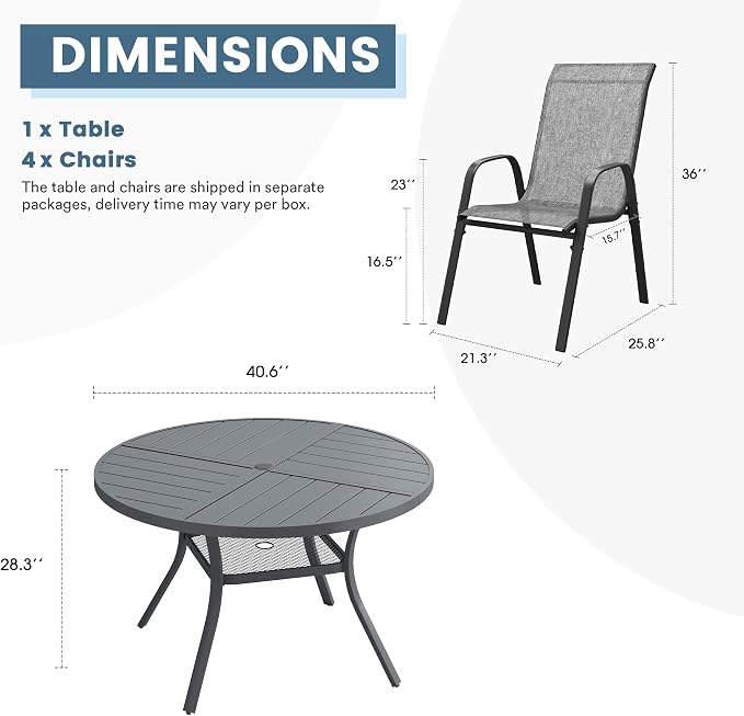 DIFY 5 Piece Outdoor Dining Set, 40" Round Metal Dining Table and Textilene Stackable Patio Chairs, Patio Table and Chairs Set for 4 with Umbrella Hole for Backyard Garden Deck, Grey