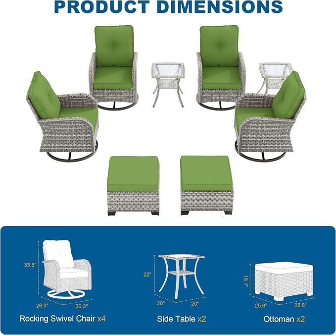 8-Piece Small Patio Furniture Set, Outdoor Swivel Rocking Chairs Set with Ottomans, Patio Bistro Set for Balcony, Deck, Porch, Grass Green