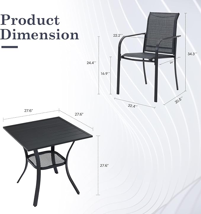 3 Pieces Outdoor Dining Set, Stackable Textilene Patio Chairs & 27.5" Square Dining Table with Shelf, Patio Dining Set for Backyard, Deck, Garden, Grey & Black