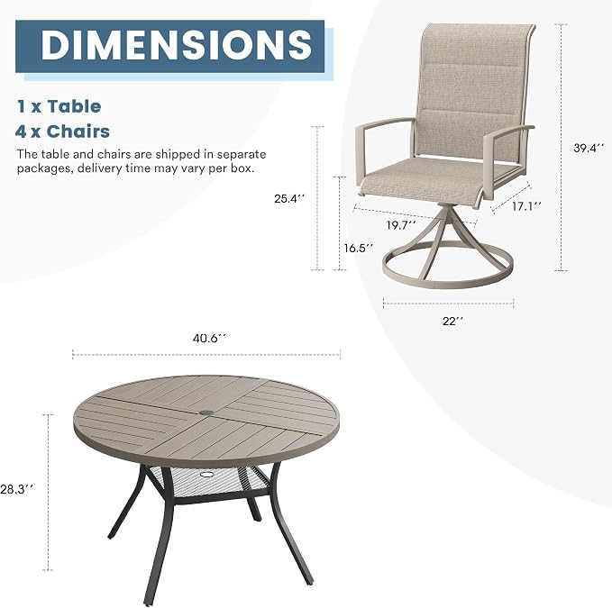 DIFY 5 Piece Outdoor Dining Set, Metal Patio Table and Chairs Set, 40.6" Grey Wood-Like Round Dining Table & 4 Sandshell Padded Textilene Swivel Patio Chairs, Outdoor Furniture Set for Garden Backyard