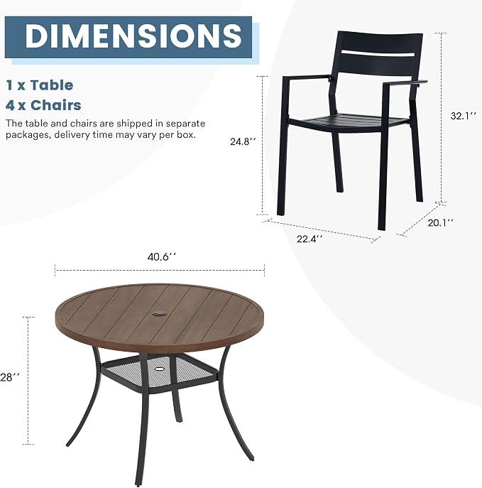 DIFY 5 Piece Outdoor Patio Dining Set for 4, Patio Table and Chairs Set with Umbrella Hole, 40.6" Round Dining Table and Stackable Metal Chairs for Backyard Garden Poolside, Walnut & Black