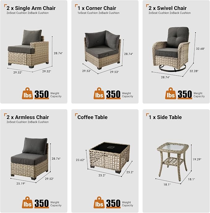 ovios 9 Piece Patio Sectional Furniture with Swivel Rocking Chairs, Rattan Wicker Coversation Couch Set, Outdoor Sofa Set for Outside Porch Balcony Backyard Pool, Black