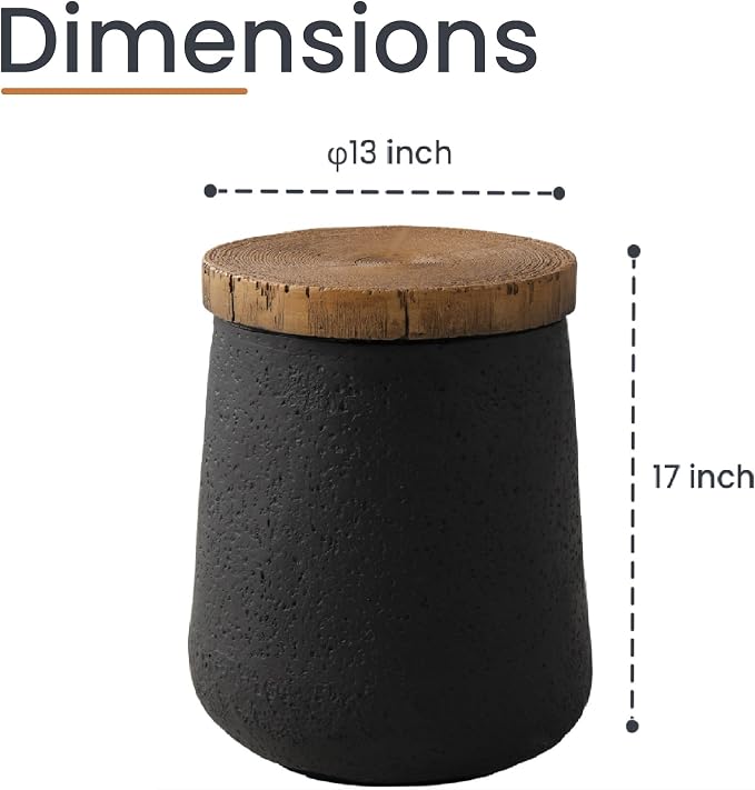 HOMPUS Outdoor Concrete Side Table, Modern Cylinder Pedestal End Table, Home Decor Small Accent Table w Wood Grain Top, Multi-Functional Round MgO Coffee Table, Round Planter Stand for Garden, Black