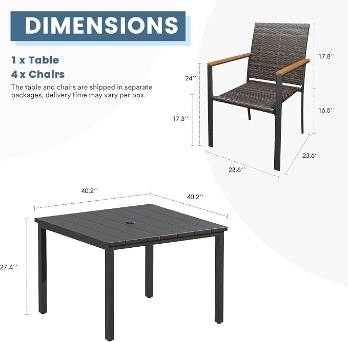 DIFY 5 Piece Patio Dining Set for 4, Wicker Stackable Patio Chairs & 40.2" Square Black Metal Dining Table with Umbrella Hole, All Weather Outdoor Table and Chairs Set for Deck Garden Backyard