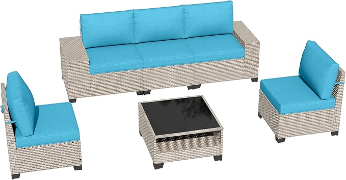 6-Piece Outdoor Patio Furniture Set, Modular Sectional Sofa Set with Glass Coffee Table and Cushions, Wicker Outdoor Couch Conversation Sets, Turquoise