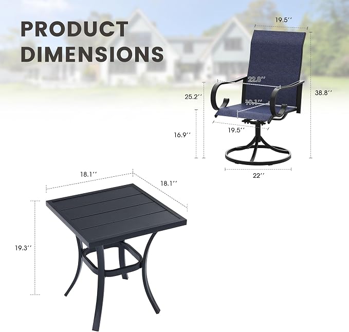 3 Pieces Patio Dining Set, 2 Outdoor Swivel Dining Chairs with 18.1" Square Outdoor Dining Table, All Weather Textilene Patio Chairs and Metal Table for Garden Backyard, Dark Blue & Black