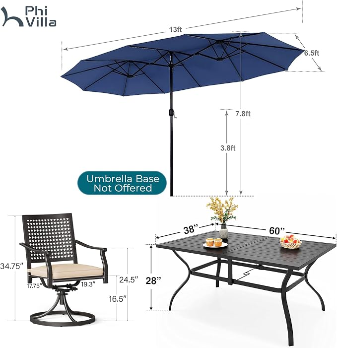 PHI VILLA Outdoor Table Chairs Set for 6, Patio Metal Furniture w/Umbrella | 60" wrought iron rectangle table & swivel chairs w/ cushions. 13ft blue umbrella. 7 pcs furniture set for deck, porch