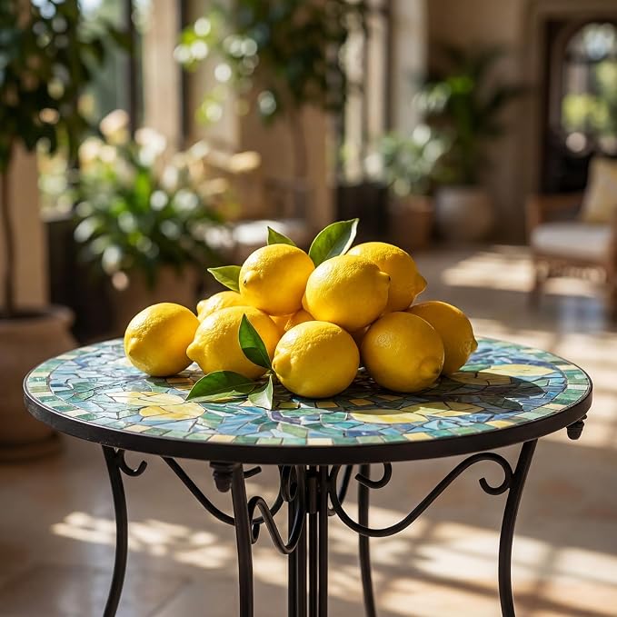 Geelin 14 Inch Lemon Small Outdoor Patio Side Table Lemon Round Mosaic Side Table Accent Indoor End Plant Metal Coffee Tea Furniture for Yard Porch Garden Living Room Bedroom