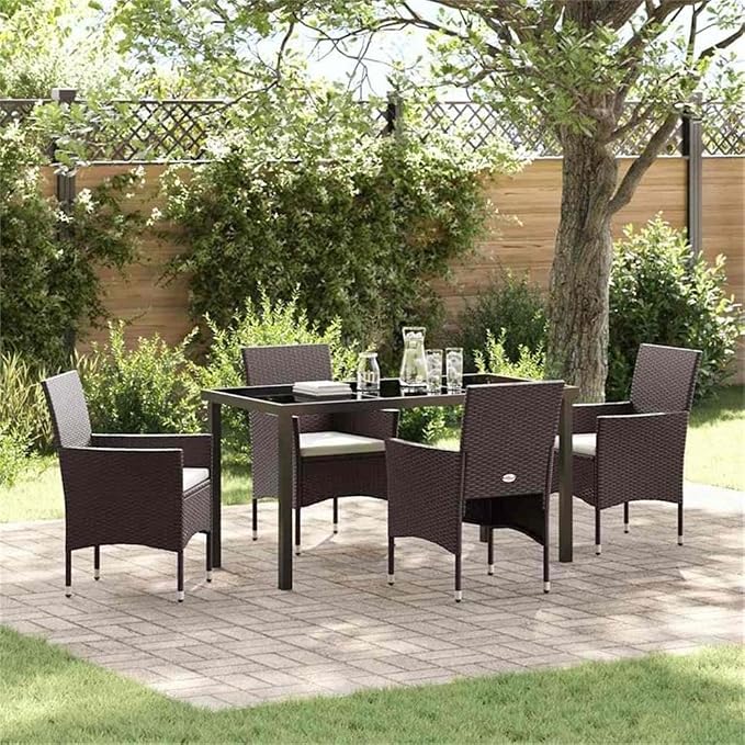 Afuera Living 5 Piece Poly Rattan Patio Dining Set, Brown Finish, Powder-Coated Steel Frame, Tempered Glass Table, Weather-Resistant Cushions, Modern Outdoor Seating for Patio, Deck, or Garden