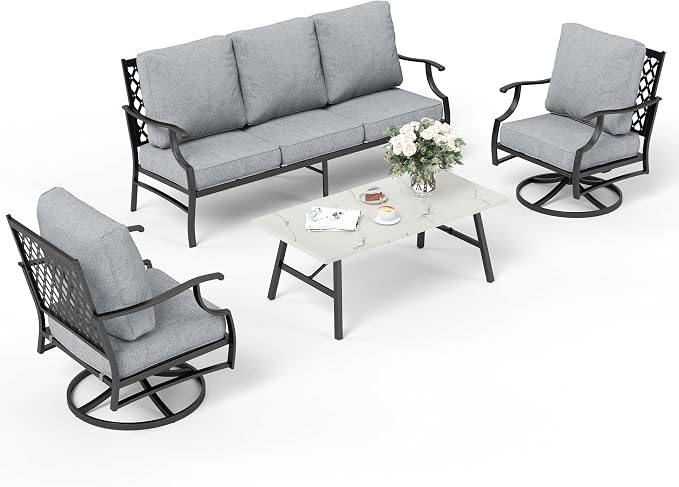 SUNSHINE VALLEY 4 Piece Metal Outdoor Patio Furniture Set, Patio Conversation Sets 1 3-seater Sofa, 2 Swivel Chair with 5.75" Extra Thick Cushion and Coffee Table, Black Frame Backyard Furniture, Gray