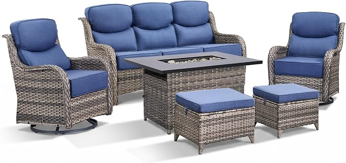 Luxury Patio Furniture Set with Fire Pit Table-6 Pieces All Weather Outdoor Swivel Rocker Chairs with Sofa and Ottomans. Outdoors Patio Conversation Sets for Porch Deck Garden Backyard(Grey/Blue)