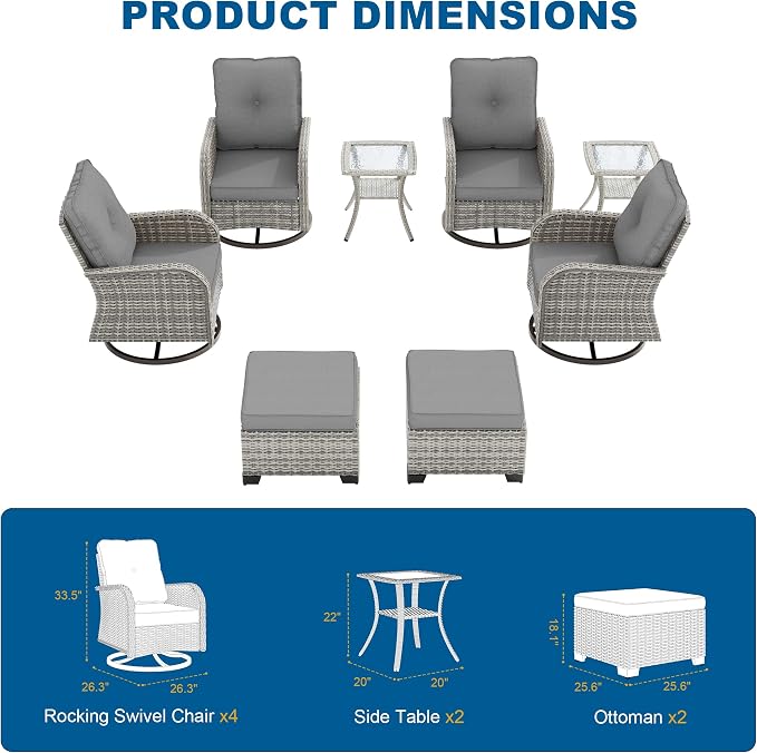 8-Piece Small Patio Furniture Set, Outdoor Swivel Rocking Chairs Set with Ottomans, Patio Bistro Set for Balcony, Deck, Porch, Grey