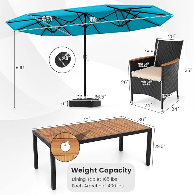 Tangkula 11 Piece Patio Wicker Dining Set w/Double-Sided Patio Umbrella, 8 Stackable Cushioned Chairs, 71" Acacia Wood Dining Table & 15 ft Umbrella with Weighted Base (Turquoise + Off White)