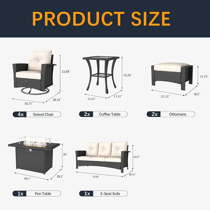 10 Pieces Outdoor Patio Furniture Set with Fire Pit Table, Wicker Patio Sectional Set Conversation Wicker Swivel Chairs with Small Side Table
