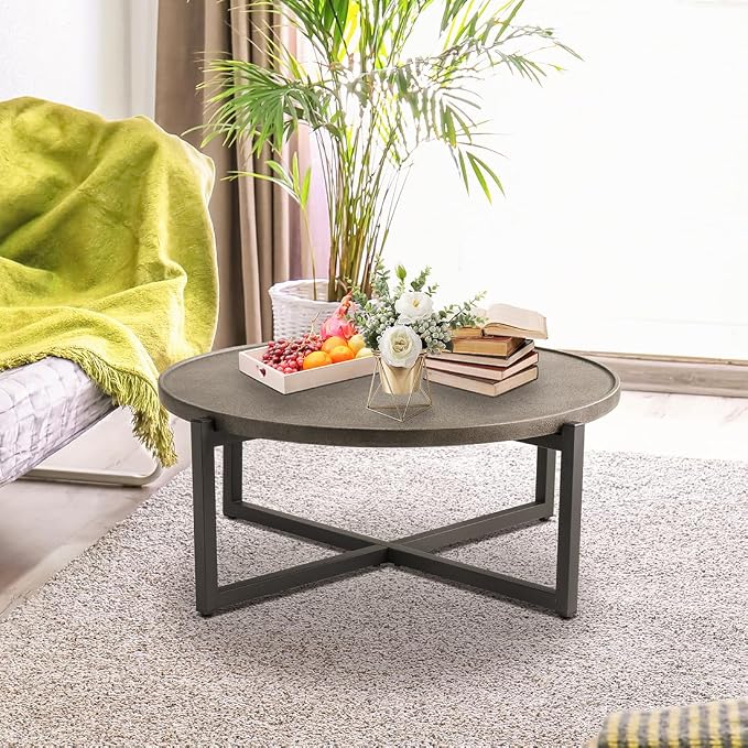 HOMPUS Outdoor Side Table, 31.5" Patio Coffee Table w Round Desktop, Concrete Finish Accent Home Decor for Living Room, Bedroom, Balcony or Office, Dark Grey