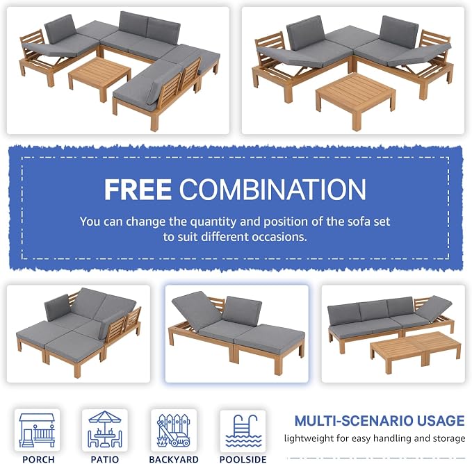 SUNSITT 2 Piece Acacia Wood Patio Furniture Outdoor Loveseat Sofa Set with Adjustable Armrest, FSC Certified L-Shaped Patio Set w/2-in-1 Coffee Table, Grey Cushions for Garden