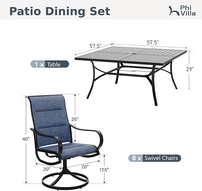 PHI VILLA Outdoor Dining Set for 8, Metal Table & Padded Swivel Chairs,Blue | High back chairs,All weather reistant, Square table, 8 person, Umbrella hole, Patio deck backyard