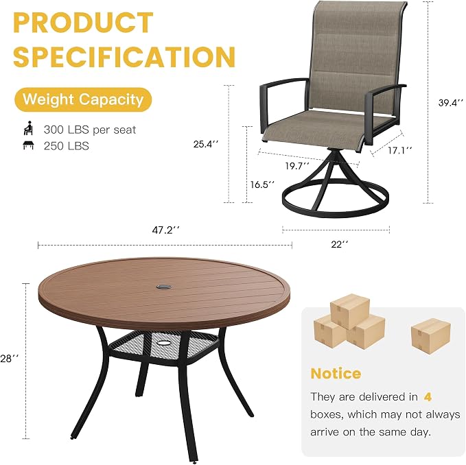 VICLLAX 7 Pieces Patio Dining Set for 6, All Weather Outdoor Furniture - 47.2" Round Patio Table and Swivel Padded Chairs, Walnut Tabletop and Mixed Brown Fabric