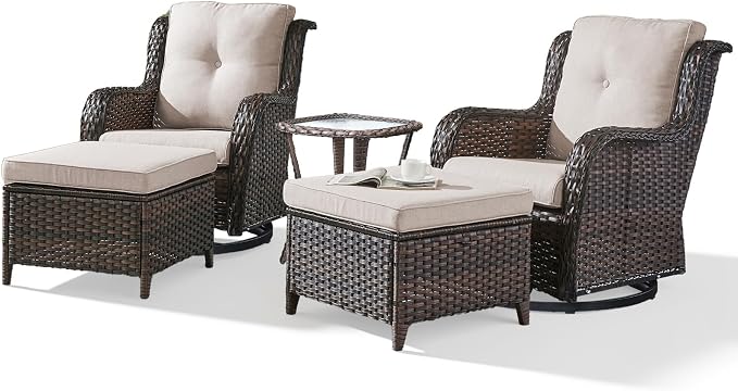 Belord 5 Piece Wicker Patio Furniture Set, Outdoor Swivel Rocker Chairs Set of 2 with Ottomans and Side Table, All Weather Patio Conversation Furniture Set, for Porch Pool, Brown Wicker/Beige