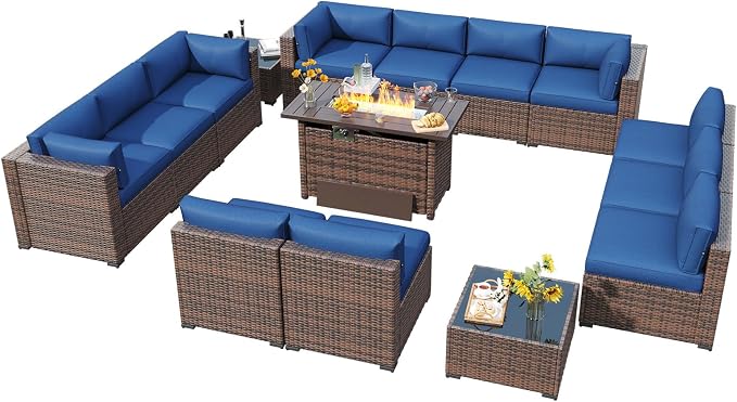 LazySunsets 15 Piece Outdoor Patio Furniture Set with 44'' Fire Pit Table, Outdoor Patio Furniture Set with 4'' Thicken Cushion, Wicker Rattan Outdoor Conversation Set for Backyard & Garden, Blue