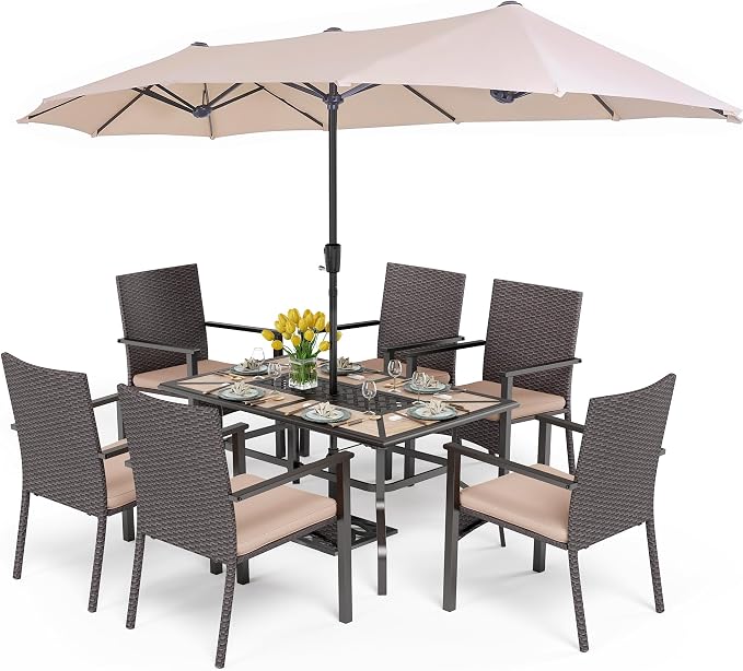 PHI VILLA 7pc Patio Dining Set with Umbrella, Wood-top Table, Rattan Chairs | 61" Wood-top dining table, 6 cushioned rattan wicker chairs, 13ft beige umbrella. Perfect for patio, deck, yard, or porch.