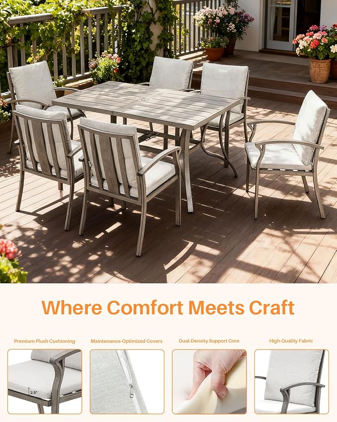 7-Piece Outdoor Patio Dining Set, Never-Rust Aluminum Patio Dining Set with Umbrella Hole, Outdoor Table and Chairs with Cushions, Patio Furniture Sets for Lawn, Garden, Backyard, Limed Oak