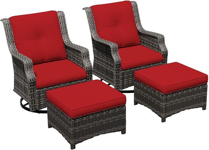 4 Pieces Patio Furniture Set, Outdoor Furniture Set with 2 Patio Swivel Rocking Chairs, 2 PE Rattan Ottoman, Thick Cushions, Ideal for Backyard, Garden, Poolside, Red
