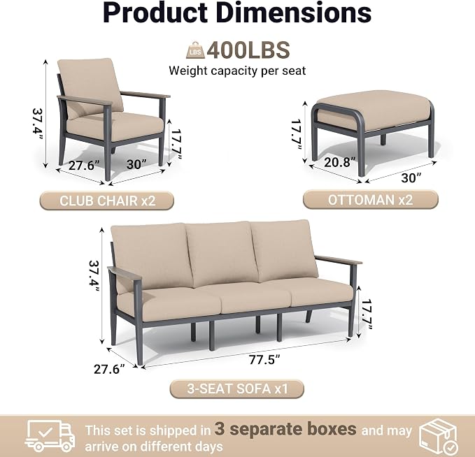 Aluminum Outdoor Patio Furniture Set, 5-Piece Outdoor Sofa with 5.1" Thick Cushions, Outdoor Couch with Ottomans, for Balcony, Porch, Khaki