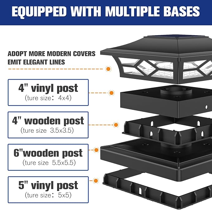 VOLISUN Solar Post Cap Lights: 2 - Pack Outdoor Deck Post Cap Lights Black for Dock Fence Waterproof 2 Color Modes,4x4/6x6 Wooden/Vinyl Posts