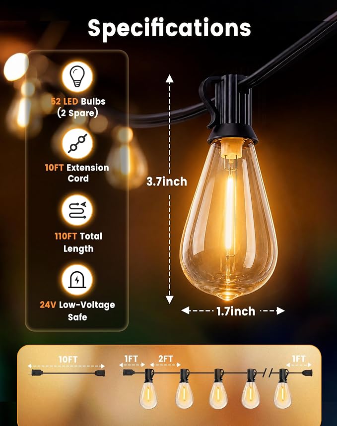 110FT(100+10) Outdoor LED String Lights with 2FT Bulb Spacing, Waterproof, Shatterproof, Dimmable, Warm White, 3 Lighting Modes, Timer, Plug in Hanging Backyard Lights for Outside, Patio